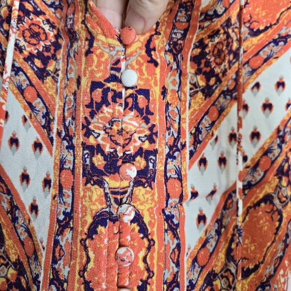 FREE PEOPLE‎ Paisley Boho Chic V neck Bell Sleeve Blouse Tunic Top S - Picture 10 of 12